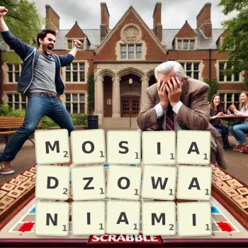 Kreatywna ilustracja do gry w Scrabble ze słowem MOSIADZOWANIAMI ułożonym z płytek na planszy.