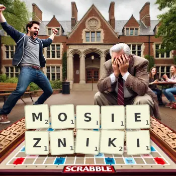 Kreatywna ilustracja do gry w Scrabble ze słowem MOSIEZNIKI ułożonym z płytek na planszy.