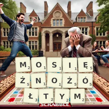Kreatywna ilustracja do gry w Scrabble ze słowem MOSIĘŻNOŻÓŁTYM ułożonym z płytek na planszy.