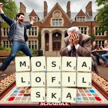 Kreatywna ilustracja do gry w Scrabble ze słowem MOSKALOFILSKĄ ułożonym z płytek na planszy.
