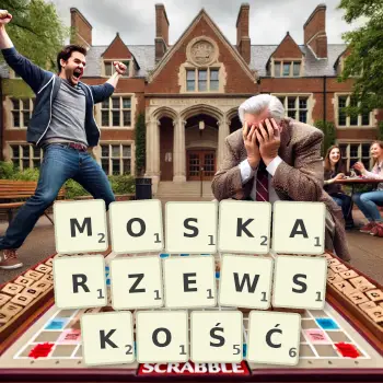 Kreatywna ilustracja do gry w Scrabble ze słowem MOSKARZEWSKOŚĆ ułożonym z płytek na planszy.