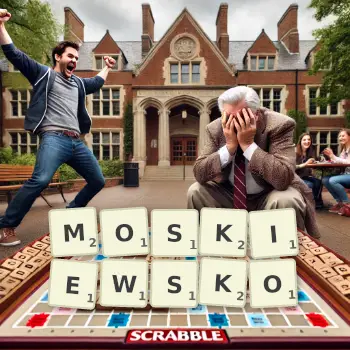 Kreatywna ilustracja do gry w Scrabble ze słowem MOSKIEWSKO ułożonym z płytek na planszy.