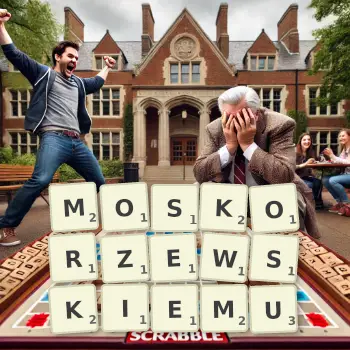 Kreatywna ilustracja do gry w Scrabble ze słowem MOSKORZEWSKIEMU ułożonym z płytek na planszy.