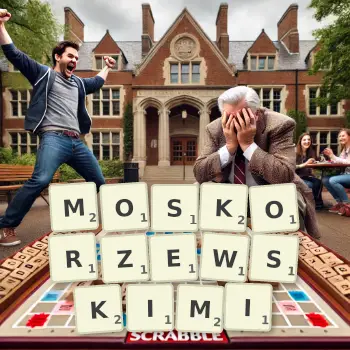 Kreatywna ilustracja do gry w Scrabble ze słowem MOSKORZEWSKIMI ułożonym z płytek na planszy.