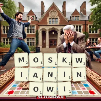 Kreatywna ilustracja do gry w Scrabble ze słowem MOSKWIANINOWI ułożonym z płytek na planszy.