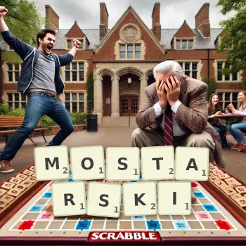Kreatywna ilustracja do gry w Scrabble ze słowem MOSTARSKI ułożonym z płytek na planszy.