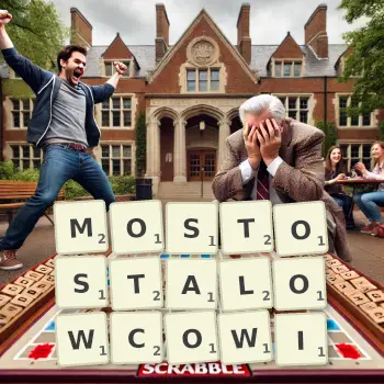 Kreatywna ilustracja do gry w Scrabble ze słowem MOSTOSTALOWCOWI ułożonym z płytek na planszy.