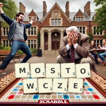 Kreatywna ilustracja do gry w Scrabble ze słowem MOSTOWCZE ułożonym z płytek na planszy.