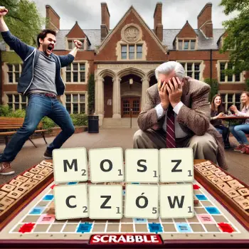 Kreatywna ilustracja do gry w Scrabble ze słowem MOSZCZÓW ułożonym z płytek na planszy.