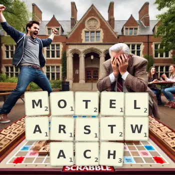 Kreatywna ilustracja do gry w Scrabble ze słowem MOTELARSTWACH ułożonym z płytek na planszy.