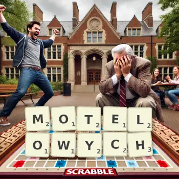 Kreatywna ilustracja do gry w Scrabble ze słowem MOTELOWYCH ułożonym z płytek na planszy.