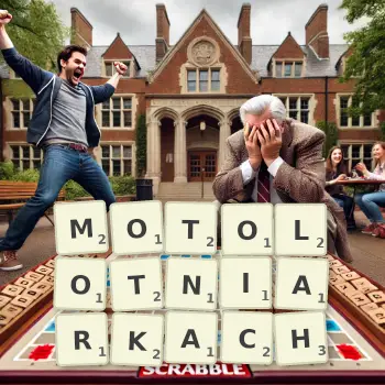 Kreatywna ilustracja do gry w Scrabble ze słowem MOTOLOTNIARKACH ułożonym z płytek na planszy.