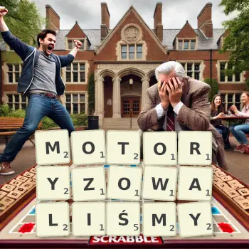 Kreatywna ilustracja do gry w Scrabble ze słowem MOTORYZOWALIŚMY ułożonym z płytek na planszy.