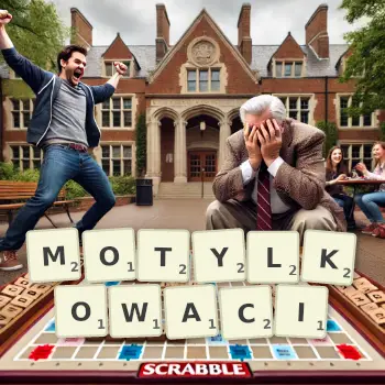 Kreatywna ilustracja do gry w Scrabble ze słowem MOTYLKOWACI ułożonym z płytek na planszy.