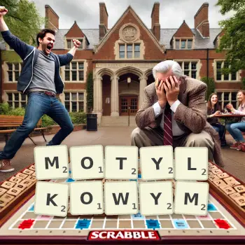 Kreatywna ilustracja do gry w Scrabble ze słowem MOTYLKOWYM ułożonym z płytek na planszy.