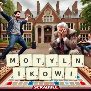 Kreatywna ilustracja do gry w Scrabble ze słowem MOTYLNIKOWI ułożonym z płytek na planszy.