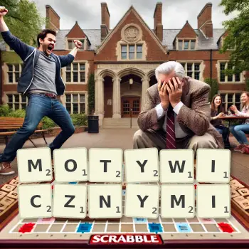 Kreatywna ilustracja do gry w Scrabble ze słowem MOTYWICZNYMI ułożonym z płytek na planszy.