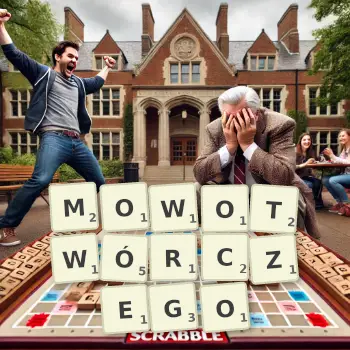 Kreatywna ilustracja do gry w Scrabble ze słowem MOWOTWÓRCZEGO ułożonym z płytek na planszy.