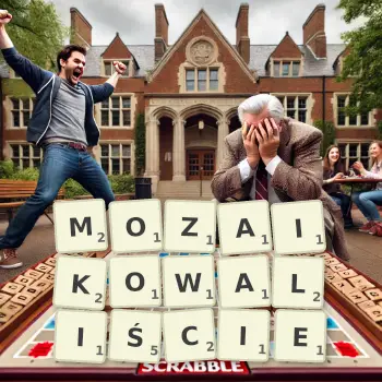 Kreatywna ilustracja do gry w Scrabble ze słowem MOZAIKOWALIŚCIE ułożonym z płytek na planszy.