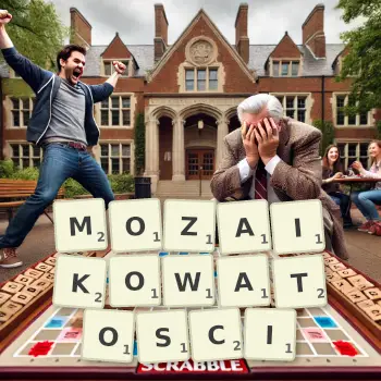 Kreatywna ilustracja do gry w Scrabble ze słowem MOZAIKOWATOSCI ułożonym z płytek na planszy.