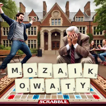 Kreatywna ilustracja do gry w Scrabble ze słowem MOZAIKOWATY ułożonym z płytek na planszy.