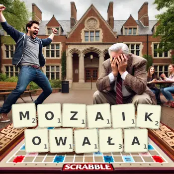 Kreatywna ilustracja do gry w Scrabble ze słowem MOZAIKOWAŁA ułożonym z płytek na planszy.