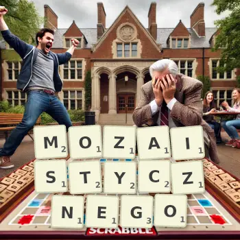 Kreatywna ilustracja do gry w Scrabble ze słowem MOZAISTYCZNEGO ułożonym z płytek na planszy.