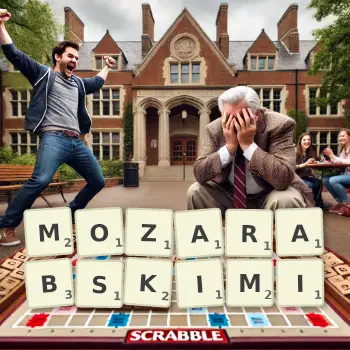 Kreatywna ilustracja do gry w Scrabble ze słowem MOZARABSKIMI ułożonym z płytek na planszy.