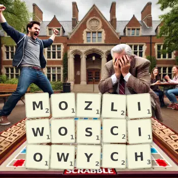 Kreatywna ilustracja do gry w Scrabble ze słowem MOZLIWOSCIOWYCH ułożonym z płytek na planszy.