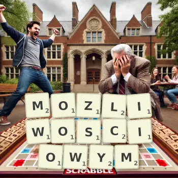 Kreatywna ilustracja do gry w Scrabble ze słowem MOZLIWOSCIOWYM ułożonym z płytek na planszy.