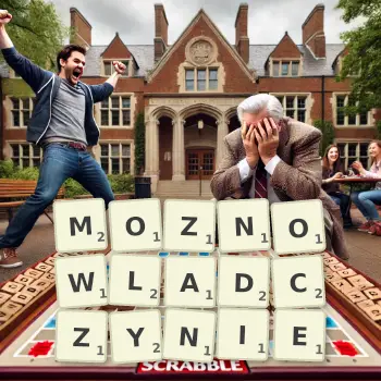 Kreatywna ilustracja do gry w Scrabble ze słowem MOZNOWLADCZYNIE ułożonym z płytek na planszy.