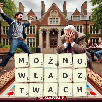 Kreatywna ilustracja do gry w Scrabble ze słowem MOŻNOWŁADZTWACH ułożonym z płytek na planszy.