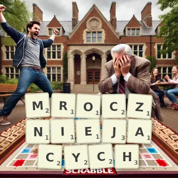 Kreatywna ilustracja do gry w Scrabble ze słowem MROCZNIEJACYCH ułożonym z płytek na planszy.