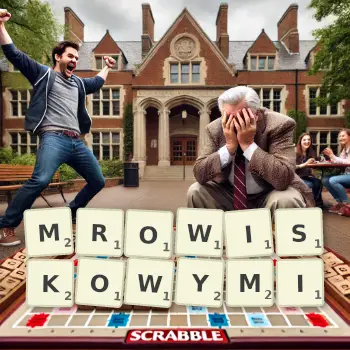 Kreatywna ilustracja do gry w Scrabble ze słowem MROWISKOWYMI ułożonym z płytek na planszy.