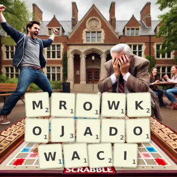 Kreatywna ilustracja do gry w Scrabble ze słowem MROWKOJADOWACI ułożonym z płytek na planszy.