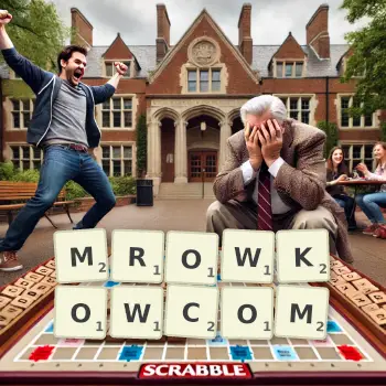 Kreatywna ilustracja do gry w Scrabble ze słowem MROWKOWCOM ułożonym z płytek na planszy.