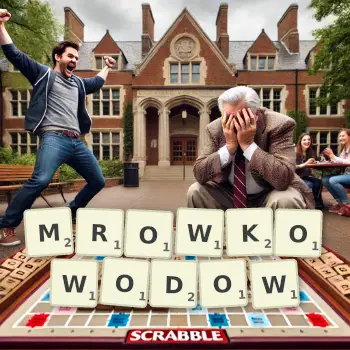 Kreatywna ilustracja do gry w Scrabble ze słowem MROWKOWODOW ułożonym z płytek na planszy.