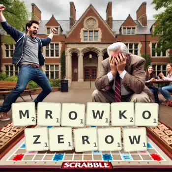 Kreatywna ilustracja do gry w Scrabble ze słowem MROWKOZEROW ułożonym z płytek na planszy.
