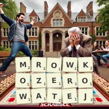Kreatywna ilustracja do gry w Scrabble ze słowem MROWKOZEROWATEJ ułożonym z płytek na planszy.