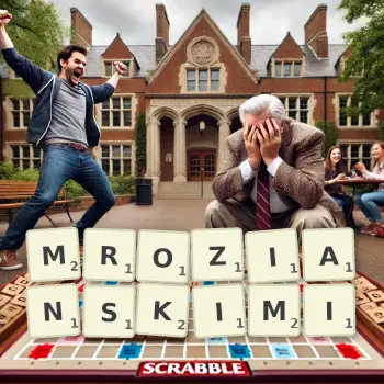 Kreatywna ilustracja do gry w Scrabble ze słowem MROZIANSKIMI ułożonym z płytek na planszy.