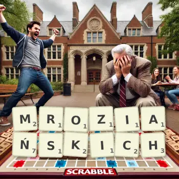 Kreatywna ilustracja do gry w Scrabble ze słowem MROZIAŃSKICH ułożonym z płytek na planszy.