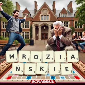 Kreatywna ilustracja do gry w Scrabble ze słowem MROZIAŃSKIE ułożonym z płytek na planszy.