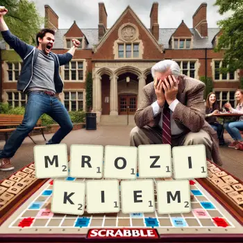 Kreatywna ilustracja do gry w Scrabble ze słowem MROZIKIEM ułożonym z płytek na planszy.