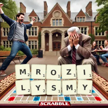 Kreatywna ilustracja do gry w Scrabble ze słowem MROZILYSMY ułożonym z płytek na planszy.