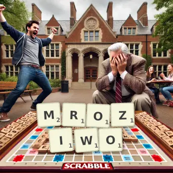 Kreatywna ilustracja do gry w Scrabble ze słowem MROZIWO ułożonym z płytek na planszy.