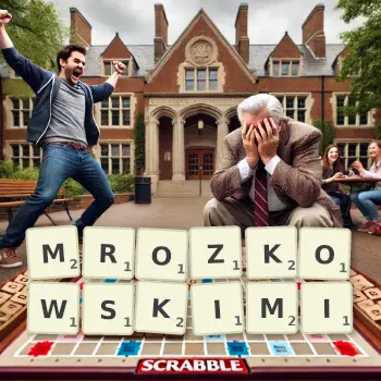 Kreatywna ilustracja do gry w Scrabble ze słowem MROZKOWSKIMI ułożonym z płytek na planszy.