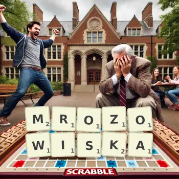 Kreatywna ilustracja do gry w Scrabble ze słowem MROZOWISKA ułożonym z płytek na planszy.