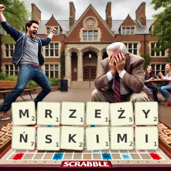 Kreatywna ilustracja do gry w Scrabble ze słowem MRZEŻYŃSKIMI ułożonym z płytek na planszy.