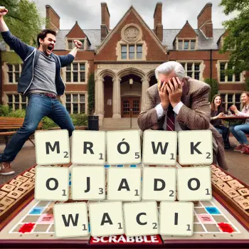 Kreatywna ilustracja do gry w Scrabble ze słowem MRÓWKOJADOWACI ułożonym z płytek na planszy.