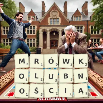 Kreatywna ilustracja do gry w Scrabble ze słowem MRÓWKOLUBNOŚCIĄ ułożonym z płytek na planszy.